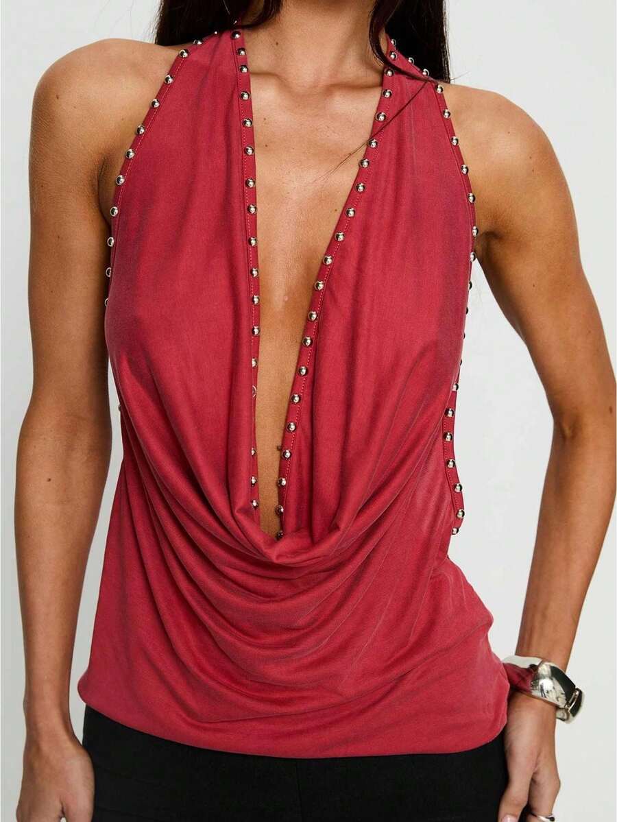 Women's Halter Vest Tops Deep V Cowl Neck Backless Rivet Going Out Tank Tops Cowl Neck Tank Tops Summer Backless Cute Ruched Casual Shirts - Red - View 1