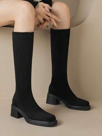 Botas por encima de la rodilla de unicolor con elástico, punta cuadrada y tacón grueso