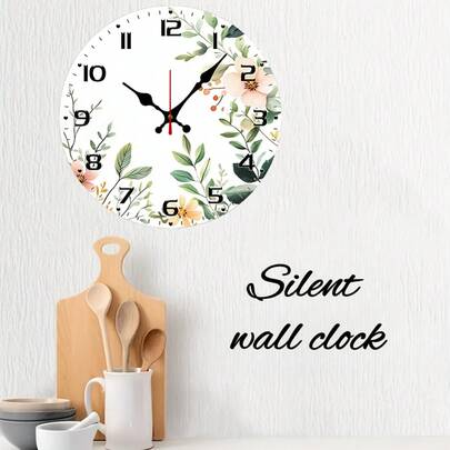 10inch Sage Green Eucalyptus Flower Wall Clock - Silent Round Wooden Dial Clock With Gold Hands And Numbers - Elegant Home Decor For Living Room, Bedroom Or Outdoor Parties - Batteries Not Included, Living Room Wall Clock