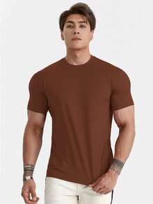Men's Plain Short-Sleeve T-Shirt With Elastane, Viscose Lycra Knit - 巧克力棕 - 查看 4