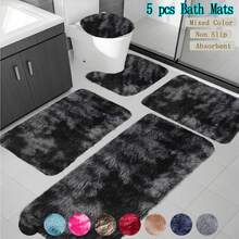 Five-Piece Tie-Dyed Long-Haired Fiber Bathroom Floor Mat Carpet Suit, Soft And Absorbent, Comfortable Feet, Suitable For Bathrooms, Showers, Doorways And Other Areas - 黑色 - 查看 1