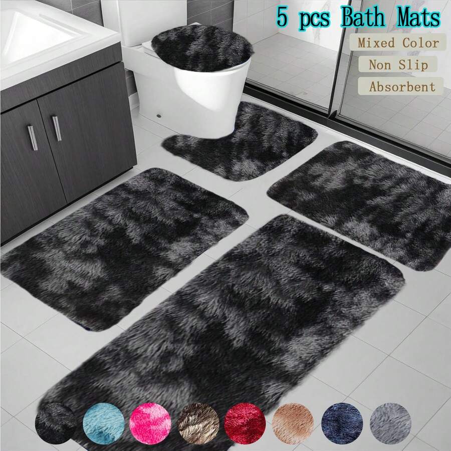 Five-Piece Tie-Dyed Long-Haired Fiber Bathroom Floor Mat Carpet Suit, Soft And Absorbent, Comfortable Feet, Suitable For Bathrooms, Showers, Doorways And Other Areas - 黑色 - 查看 1