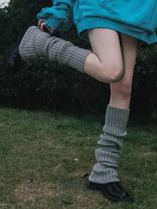 1双竖条纹针织腿套，个性亚文化Y2K风格小腿套，女士保暖腿套，纯色竖条纹保暖装饰可爱腿套，可爱甜美冬季配饰，适合春、秋、冬季穿着 - 灰色 - 查看 2