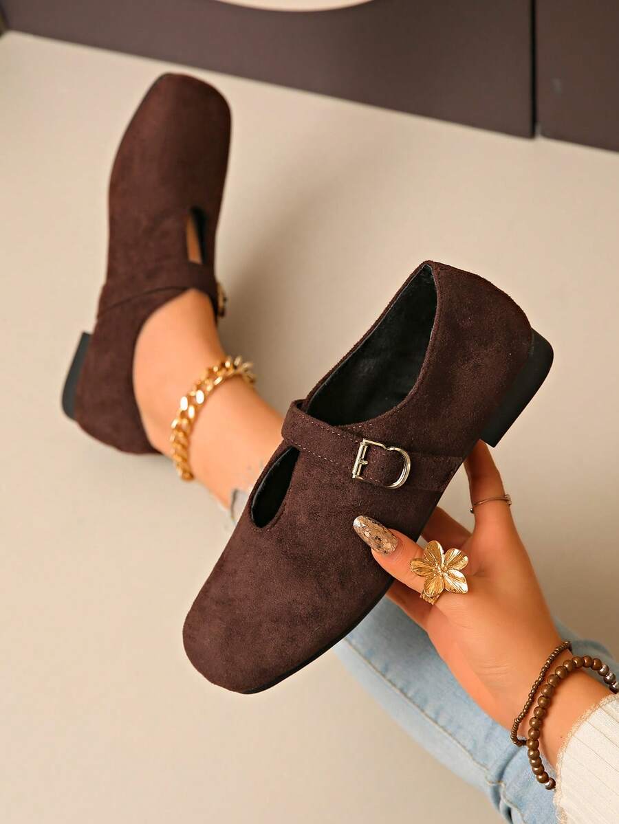 Spring New Fashion Faux Suede Square Toe Flat Women Shoes, Buckle Solid Color Mary Jane Casual Comfortable Daily Wear - Coffee Brown - View 1
