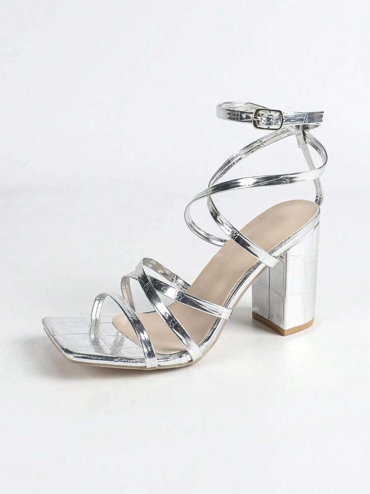 女士银色方头粗跟派对时尚简约休闲舒适百搭高跟凉鞋，春夏穿搭 - 銀色 - 查看 6