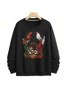 Sudadera para hombre estilo mexicano folclórico bordado estampado águila gallo algodón holgado cuello redondo manga larga otoño invierno casual reunión sudadera - Negro - Ver 1