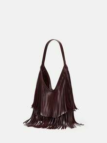 女士复古麂皮流苏单肩包、斜挎包、手提包 - 酒紅色 - 查看 6