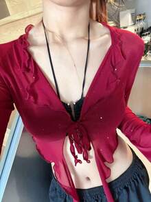 女士性感网纱透视露脐上衣，夏季系带长袖露肤开衫，Y2K 基础休闲派对假日装扮 - 彩色 - 查看 10
