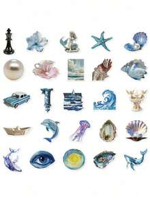 50pcs Blue Ocean Series Stickers, Creative DIY Craft For Laptop, Phone Case, Guitar, Cup, Scrapbooking, Waterproof Decorative Stickers Back To School - Màu xanh lam - Xem 3