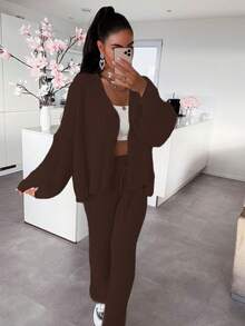 女士休闲可爱开衫针织衫上衣针织裤套装家居居家服舒适时尚秋冬外出穿搭 - 棕色 - 查看 9