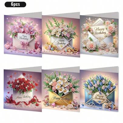 6pcs DIY Diamond Painting Birthday Greeting Card Set, Floral & Envelope Pattern Style Postcard, Unique Handmade Birthday Blessing Cards, [Includes 6 Envelopes], Ideal For Expressing Warm And Wonderful Blessings To Elders, Family, And Friends, Diamond Painting Card Postcard Set To Express Love And Affection, Best Gift To Express Heartfelt Wishes.
