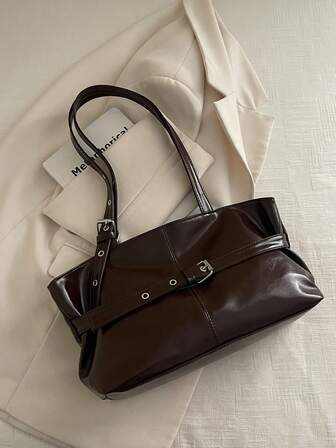 1pc Vintage Large Capacity Tote Bag, Commuter Oversized Underarm Bag, Fashionable Motorcycle Handbag For Women, PU Solid Color Oiled Wax Leather, Strap Decor, Zipper Closure, Ladies Shoulder Bag For Work/School/Travel/Shopping/Business, Suitable For Daily Use