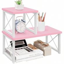 Wood Desktop Shelf, Freestanding Small Bookshelf Dorm Supplies Organizers, 2 Tier Stackable Desk Stand, Adjustable Storage Organizer, Kitchen Counter Display Rack, White - Pink - View 2