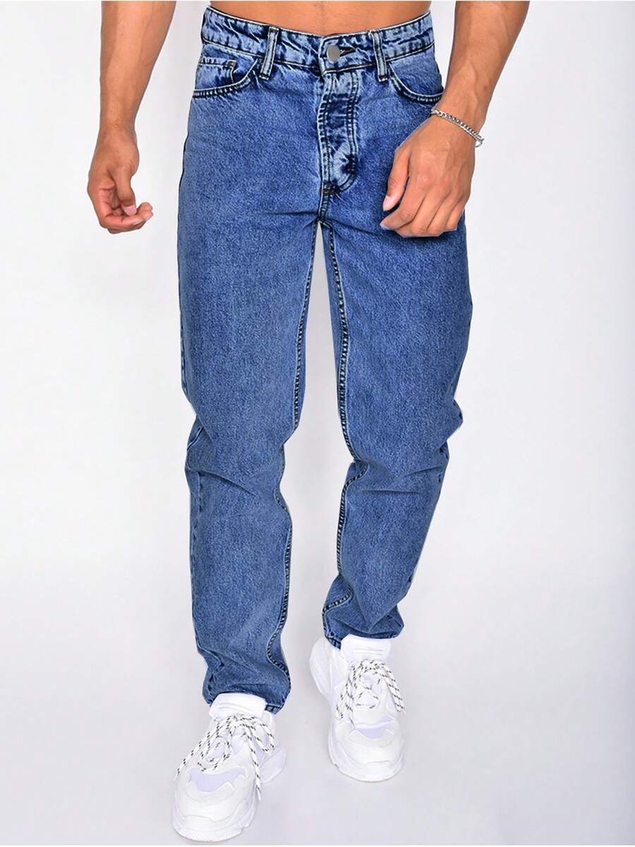 Jeans casuales lavados con bolsillos en ángulo y corte entallado para hombres - Agua verde azul - Ver 1