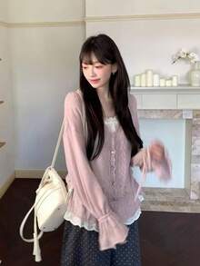 抽绳镂空针织开衫，宽松休闲秋季女款 - 粉色 - 查看 3
