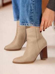 Women's Fashionable Sand Suede High Chunky Block Heel Ankle Booties Side Zipper Almond Toe Short Bootie Pumps - Camel - View 3