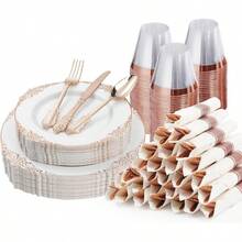 175PCS Gold Plastic Plates 25 Guests, Disposable Dinnerware Sets Include Gold Rim Plastic Plates, 25 Silverwares, 25 Cups, And 25 Pre Rolled Napkins Party, Wedding, Graduation - Rose Gold + 25 Guests Set - View 1