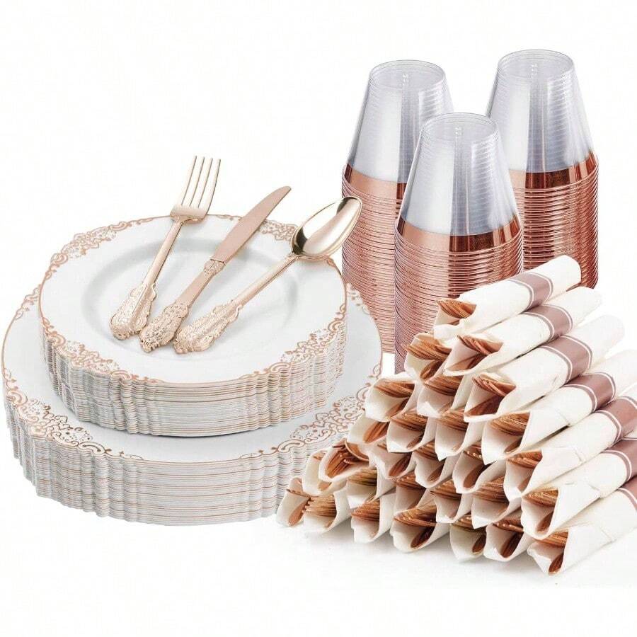 175PCS Gold Plastic Plates 25 Guests, Disposable Dinnerware Sets Include Gold Rim Plastic Plates, 25 Silverwares, 25 Cups, And 25 Pre Rolled Napkins Party, Wedding, Graduation - Rose Gold + 25 Guests Set - View 1