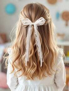 2pcs Flower Lace Hair Bows For Girls Beige Ribbon Bow Alligator Clips With Long Tail Elegant Wedding Hair Clip Mother's Day Vacation Barrettes Holiday Gift Kids Hair Accessories - 米色 - 查看 2