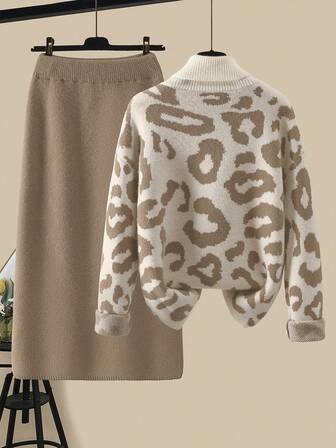 女士休闲优雅时尚通勤舒适办公室豹纹开叉毛衣套装，高领长袖毛衣和裙子，适合日常办公室、居家、约会、秋冬、早春