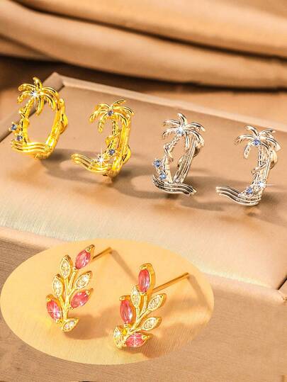 1 par de pendientes de botón con diseño de árbol de palma y hojas para mujeres, diseñados con precisión con circonita incrustada, adecuados para varias ocasiones