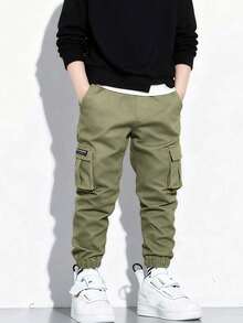 2条装 男童时尚简约多口袋休闲工装裤（实际尺码偏小，建议根据图片选择大一码） - 軍綠色 - 查看 3