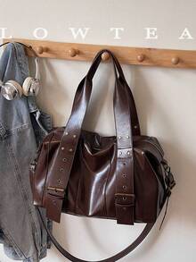 1pc Low Tea Solid Color PU Leather Shoulder Bag, Women's Retro Fashion Large Capacity Pillow Bag, Top Double Handle Design, Zipper Closure, Adjustable Shoulder Strap For One Shoulder Or Crossbody Use, Suitable For Travel, Shopping, Dating, Women's Gift, Great For Commuting, Outdoor, Travel, Hiking