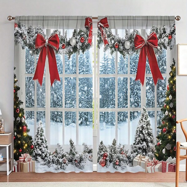 2 pezzi Decorazione natalizia Paesaggio invernale innevato e tenda stampata con albero di pino, design con passante per asta, decorazione natalizia accogliente per soggiorno, camera da letto, cucina, hotel, ristorante