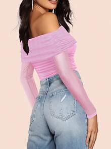 Women's Off The Shoulder Long Sleeve Tops Slimming Top Sheer Mesh Ruched Blouse Going Out Shirts Fall Outfits - Pink - View 3