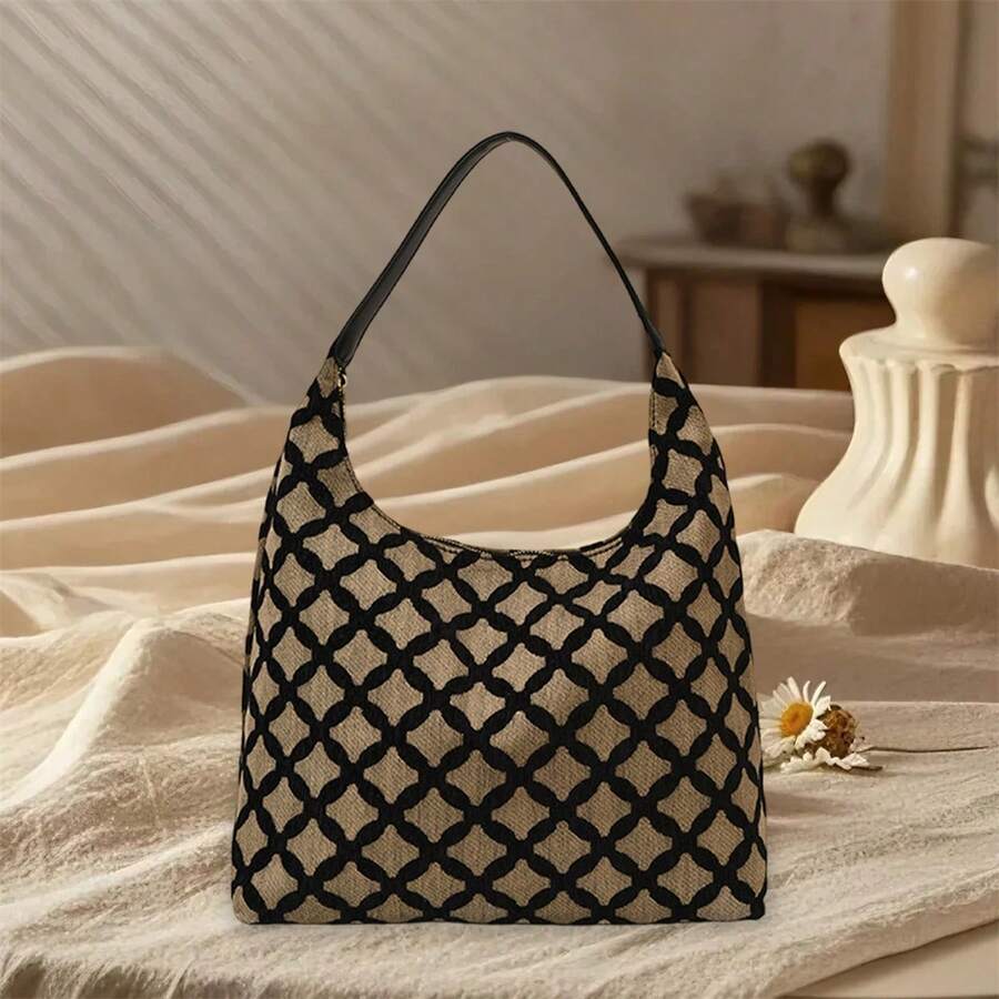 Bolso de hombro para mujer, bolso de mano de diseñador de moda, elegante bolso de mano con estampado floral/cuadrícula. - Negro - Ver 1
