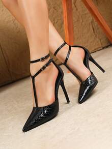 Tacchi alti a spillo con punta affusolata, cinturini incrociati e motivo a scaglie di pesce, scarpe casual e versatili