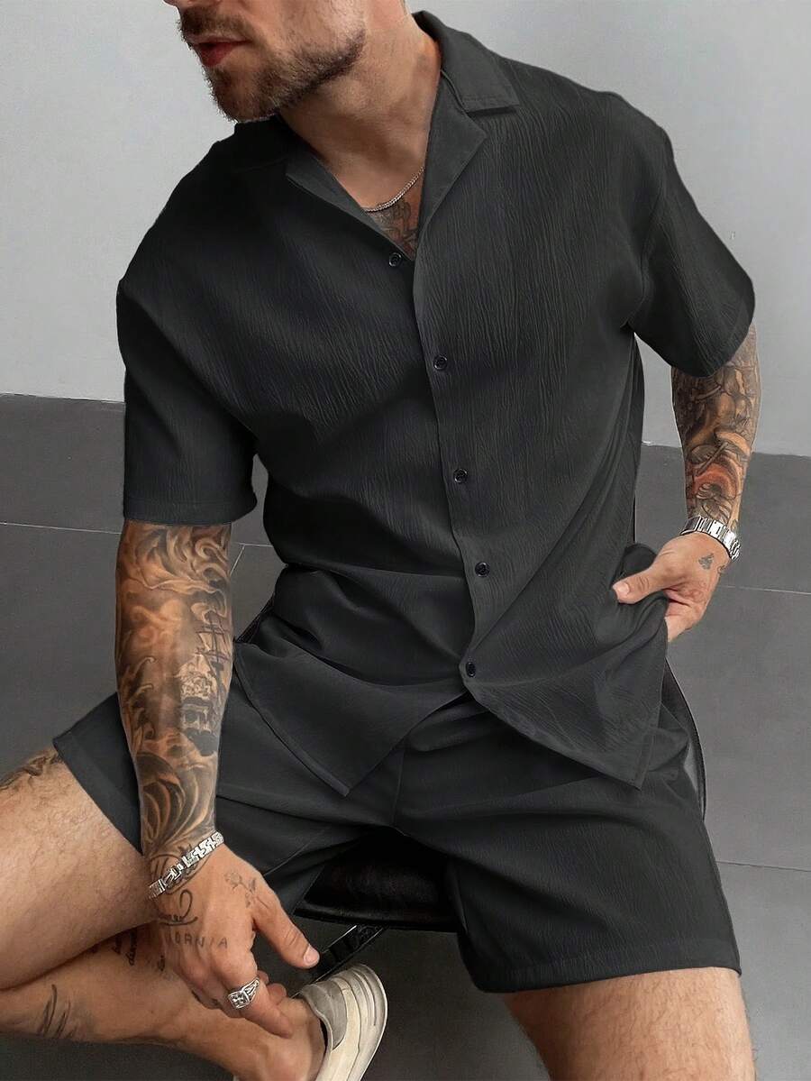 男士夏季两件套套装，轻盈透气的亚麻衬衫和抽绳短裤，复古绅士风格休闲沙滩婚礼派对度假旅行装，父亲节送给丈夫、爸爸、男友的礼物，舒适百搭 - 黑色 - 查看 1