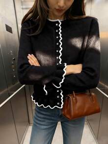 Cárdigan de cuello redondo con bloque de color y ribete de volantes, informal, para otoño/invierno - Negro - Ver 7