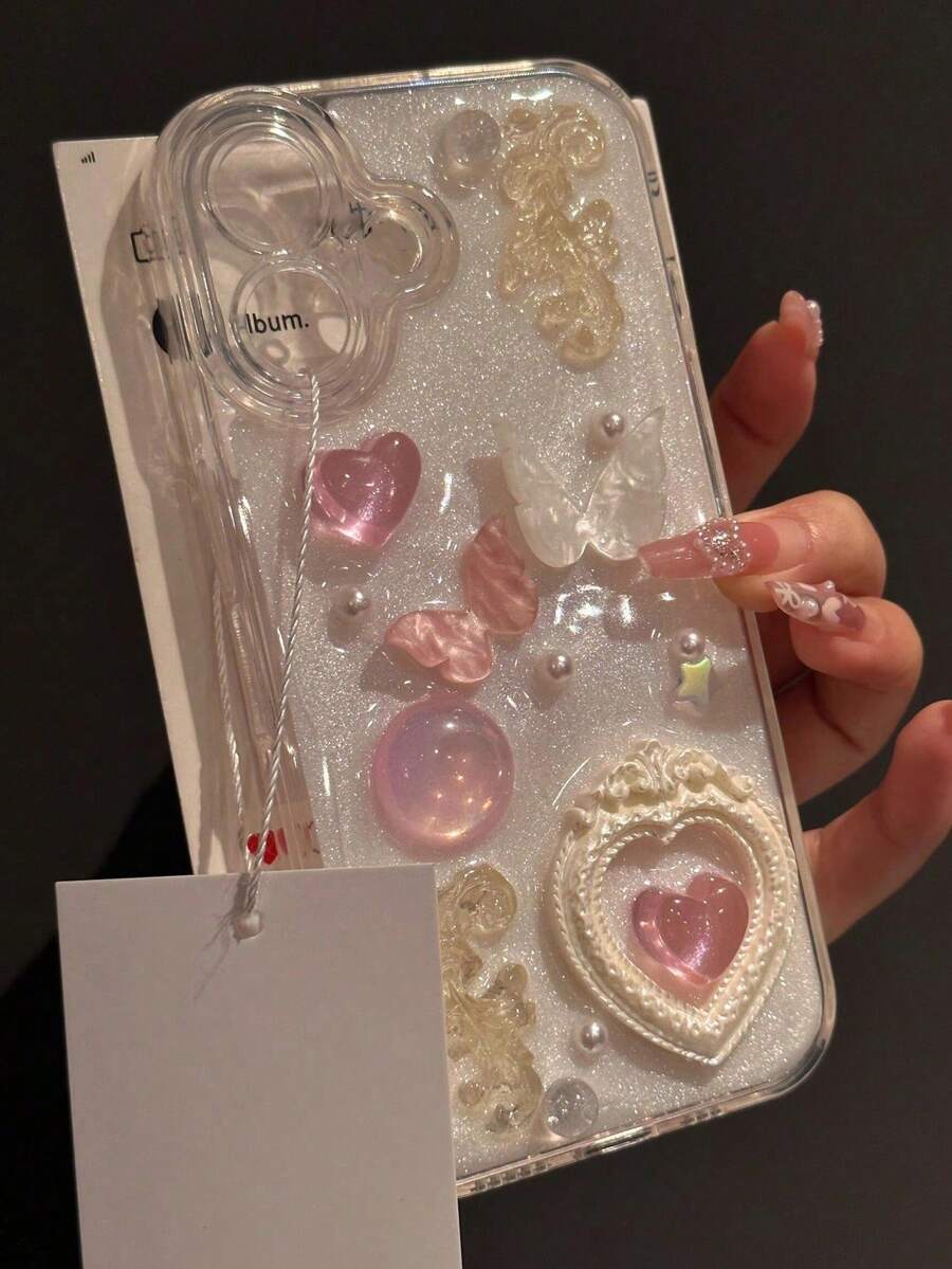 可爱奢华爱心元素时尚手机壳，环氧树脂3D蝴蝶爱心手机壳，兼容 17/16/15/14/13/12 Pro Max Plus/11，奢华可爱镜头保护后盖，生日礼物，周年纪念礼物，春季礼物