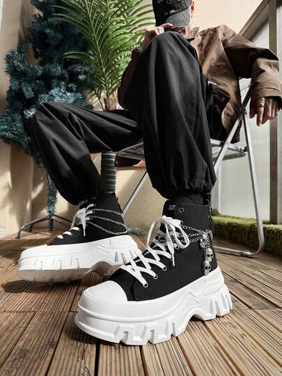 SLnU3 SLNU★3 Men's Fashion Thick Sole Elevated Motorcycle Boots, Punk Street Preppy Casual Gothic Skull Chain Decor Accessories, Versatile Metal Eyelets Lace-Up Side Zipper Simple Design, Suitable For Outdoor All Seasons