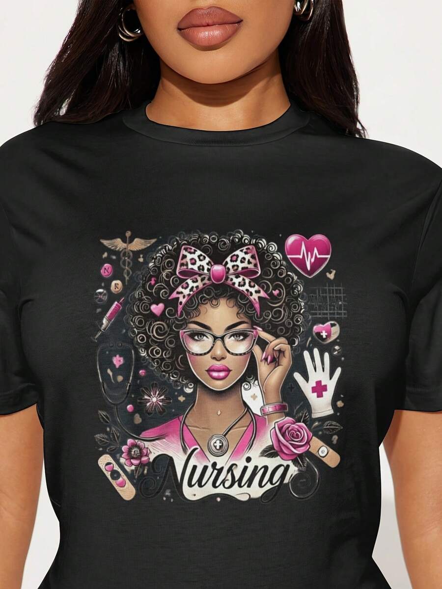 Camiseta de manga corta de algodón para mujeres, tema de elegancia de enfermera negra - Negro - Ver 1