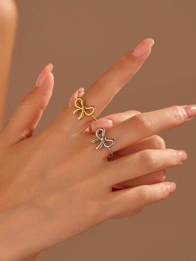 1/2 Peças Anéis de Laço Dourado/Prateado de Aço Inoxidável para Mulheres, Adequado para Mulheres e Casais Usarem ou Presentearem