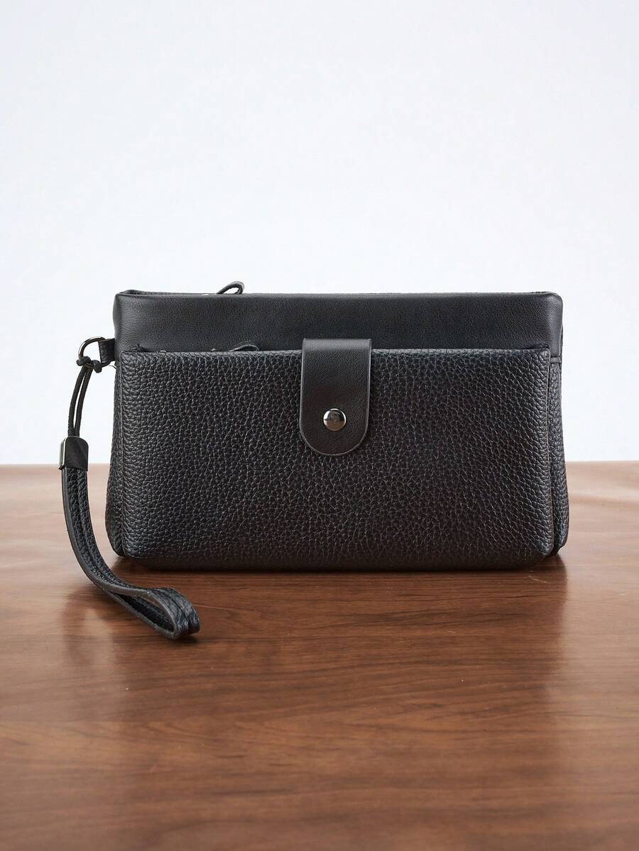 HOVI'S 21.5cm PU Leather Men's Clutch Bag, Large Capacity Handbag With Zipper Compartment, Wrist Strap And Multiple Pockets, Suitable For Phone, Wallet And Essentials, Black Wallet, Great Christmas Gift For Men - Black - View 1