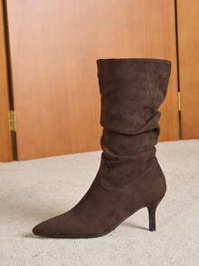 秋冬新款女士时尚百搭旅行纯色轻便耐穿真皮西部靴，褶皱舒适中筒靴，适合各种场合，猫跟 - 咖啡棕 - 查看 6