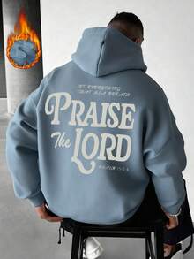 ONE WAVE 男士休闲街头连帽衫，印有“赞美主”标语，秋冬款 - 淺藍色 - 查看 1