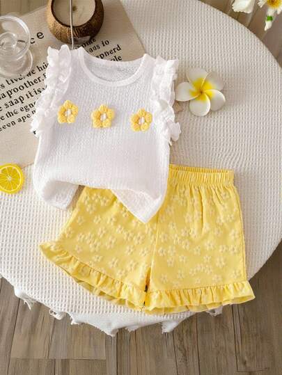 Toddler Girls' Summer Bow Decor Top And Snowflake Textured Shorts Set