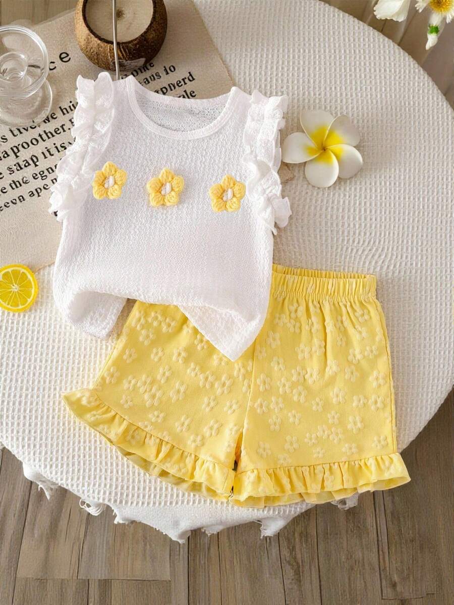 Toddler Girls' Summer Bow Decor Top And Snowflake Textured Shorts Set - White - View 1