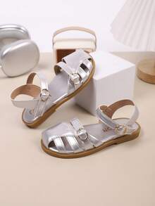 Girls' Outdoor Sandals, Summer New Style, Round Toe Hollow Rhinestone Sticker, Non-Slip, Fashionable & Elegant, Children Flat Beach Sandals - Silver - View 6
