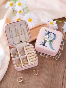 1 Peça Caixa de Joias Minimalista com Floral e Letra, Caixa de Joias Portátil de PU para Viagens de Verão, Mini Organizador de Joias para Brincos, Colares, Anéis, Exibição e Armazenamento de Joias, Caixa de Joias de Grande Capacidade, Adequada para Presentes do Dia das Mães, Natal, Halloween, Organizador de Joias Feminino, Essencial de Viagem, Armazenamento de Dormitório de Volta às Aulas - Rosa chiclete - Visão 17