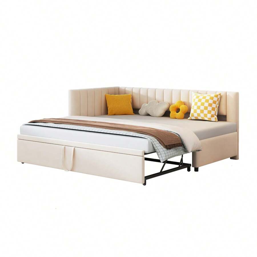 Multifunctional L-Shaped Sofa Bed With 90/180*200cm Sofa Bed, Velvet Upholstered Bed, Space-Saving Design For Children's Bed, Guest Bed, Beige - 1 - View 1