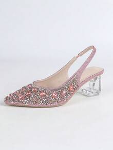 Women's Fashion High Heel Sandals, Pointed Toe High Heels, Sparkling Rhinestone Decor, Transparent Crystal Asymmetric Heel, Elastic Strap Backless High Heel Sandals, Lightweight Comfortable Insole, Suitable For Party, Wedding, Business, Date Night!,Spring Summer Outfits - Pink - View 7
