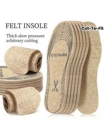 Unisex Wool Felt Insoles, Thickened For Warmth, Shock Absorption, And Pressure Relief, Available In Multiple Sizes And Customizable Cut For Athletic Shoes.