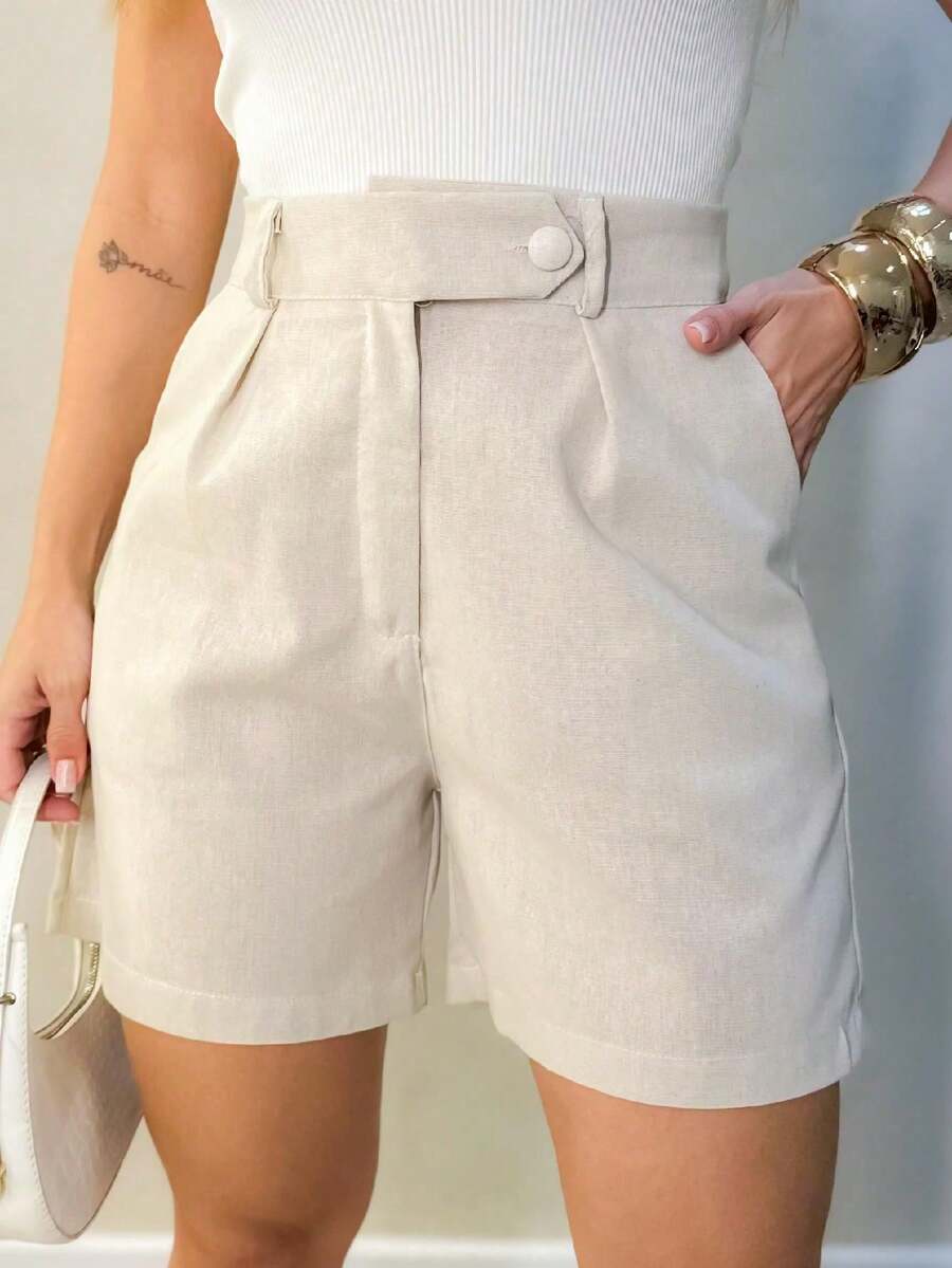 Short De Linho /Com Bolsos Frontais / Botão Lateral /Cod 188 - Damasco - Visão 1