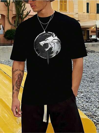 Camiseta The Witcher Wolf Medallion 100 % algodón, corte holgado, transpirable, hip hop urbano, estampado gráfico único.