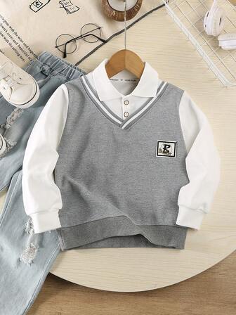 4-8 Years Boys' Sweatshirt Fashion Lapel Polo Shirt Grey Suit Children Autumn Sweater Baby Boys New British Style Fake Two Piece Sweatshirt